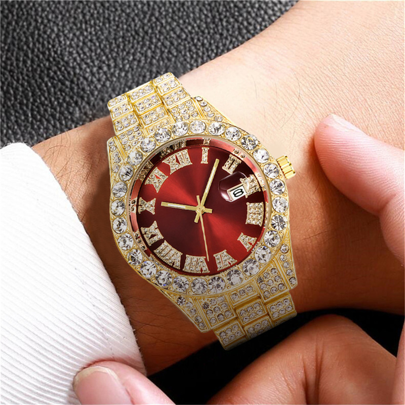 Nieuwe Europese en Amerikaanse Water Ghost Grote Water Diamant Ingelegde Romeinse Schaal Kalender Hip Hop Heren Gouden Horloge Vol Diamanten Horloge_voghion.com