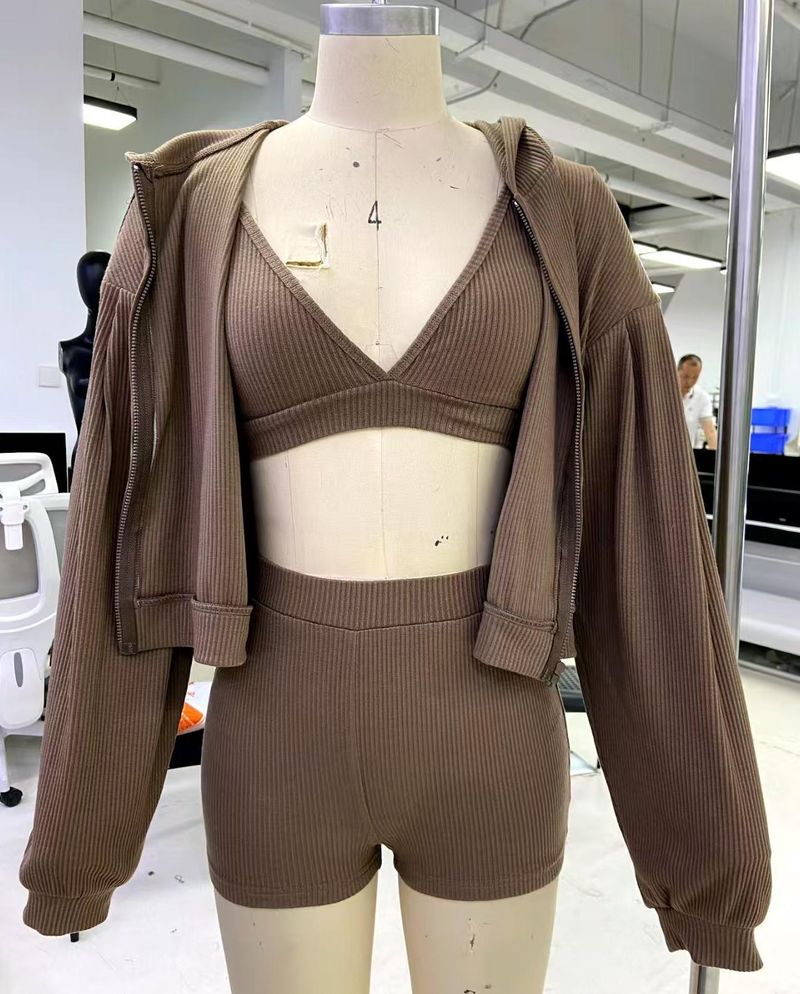 Einfarbiges, sportliches, lässiges Sweatshirt-Set für Damen, Weste mit V-Ausschnitt, Shorts + Kapuzenjacke_voghion.com