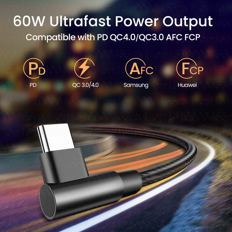 Type C USB til Type C dobbelt albue 90 grader PD 60W hurtig opladningskabel, velegnet til opladning af datakabler fra Huawei,_voghion.com