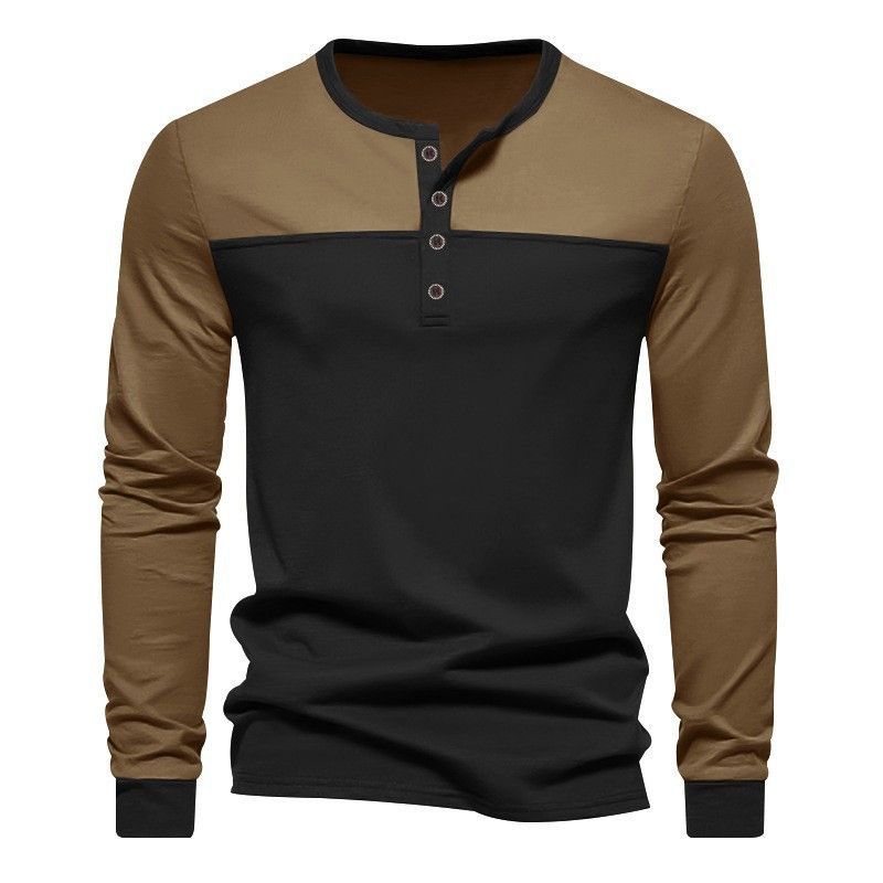 Herren-Retro-T-Shirt mit Henley-Kragen – Zweifarbiges, atmungsaktives Langarmshirt aus Polyester-Mischgewebe (S-XXXL)_voghion.com