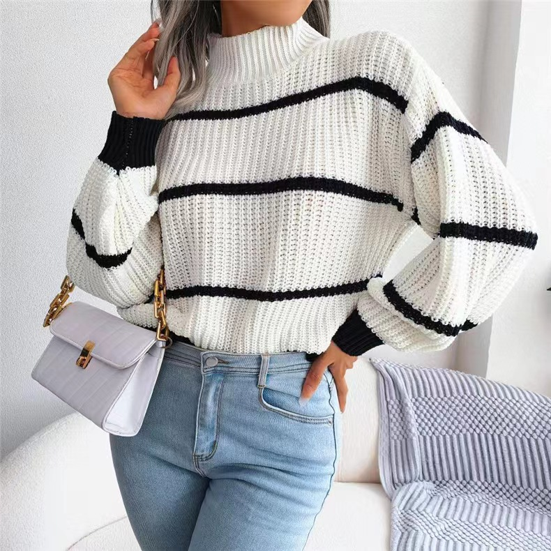 Suéter feminino casual listrado com manga lanterna e meia gola alta_voghion.com
