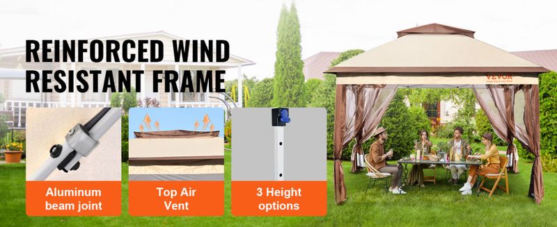 VEVOR Patio Gazebo, 11 x 11 FT Pop up Gazebo for 8-10 Person, with Mosquito Netting, Metal Frame, and PU Coated 250D Oxford Cloth, Outdoor Canopy Shel_voghion.com