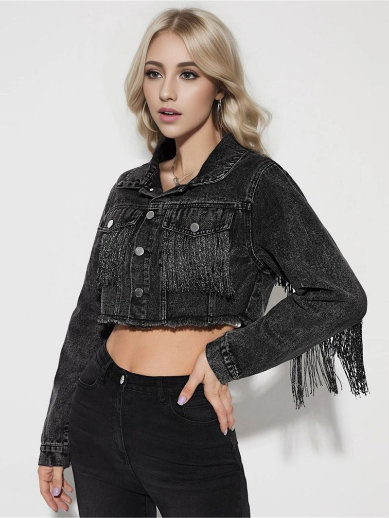 Jachetă denim pentru femei, la modă, cu cusături de ciucuri, jachetă denim distressed pentru femei_voghion.com