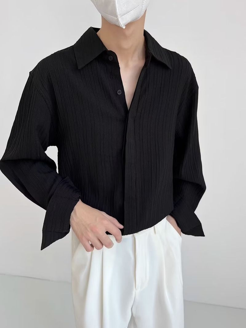 Advanced Style Shirt Männer Laangärmlech Plisséiert Hemd Äis Seid Neie Stil Cool Casual Top Männer_voghion.com