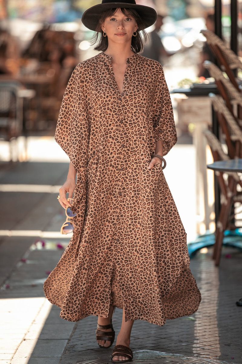 Vestido largo con estampado de leopardo para mujer, túnica playera, protección solar, traje de baño envolvente_voghion.com