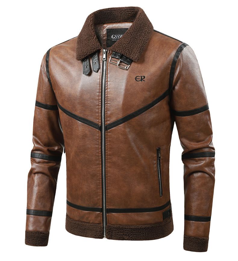 Giacca in similpelle foderata in pile da uomo - Cappotto invernale da motociclista con collo alto (nero/marrone/caffè, XL-5XL)_voghion.com