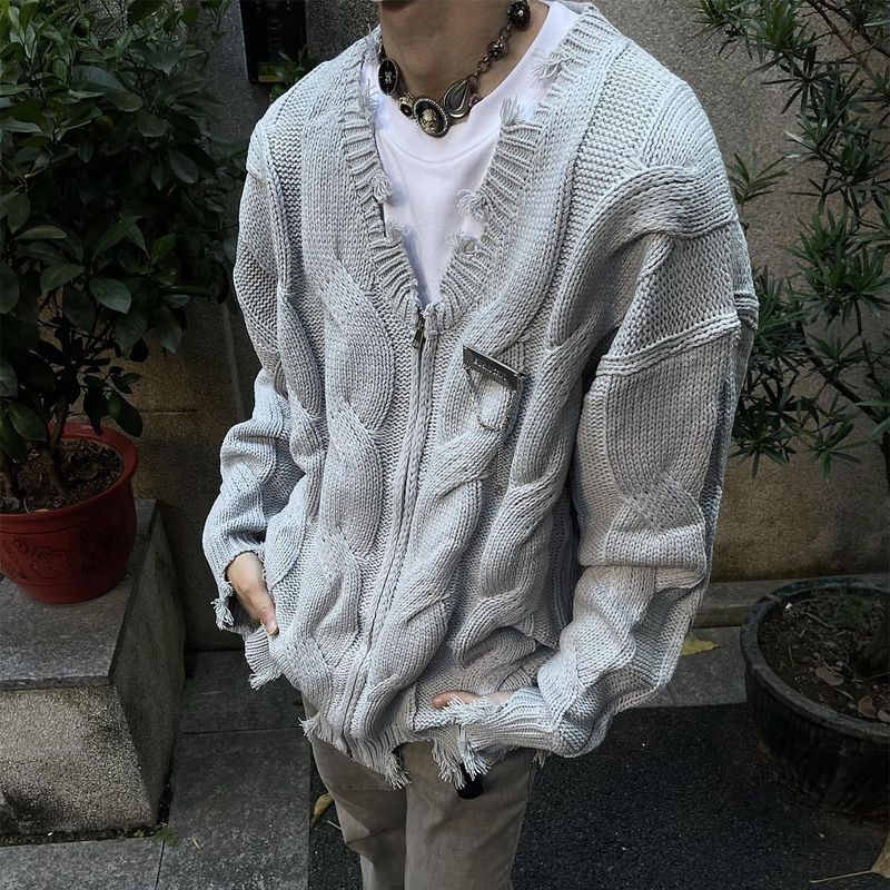 American High Street Frayed Distressed Metallic Color-Block V-Neck Cardigan Sweater Unisex Knitted Jacket Couple Ins_voghion.com