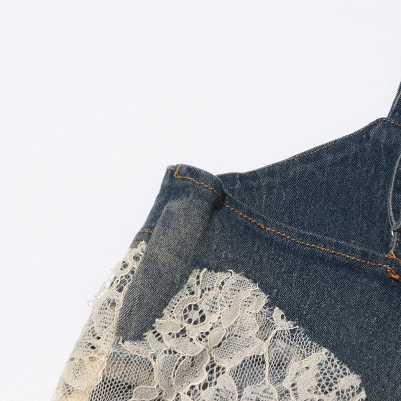 Damenbekleidung Mode sexy Hot Girl Style Sommer neue Spitze Spleißen Hosenträger Top + Kordelzug Denim Mode Shorts_voghion.com