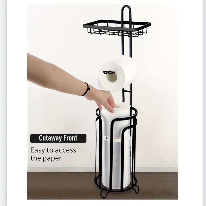 Toilet Paper Holder Stand Tissue Paper Roll Dispenser With Shelf For Bathroom Storage Holds Reserve -Black_voghion.com