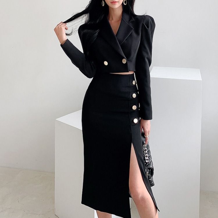 Ensemble deux pièces de style coréen, élégant, slim, blazer court, taille cintrée, jupe fendue, nouvelle collection 2025_voghion.com