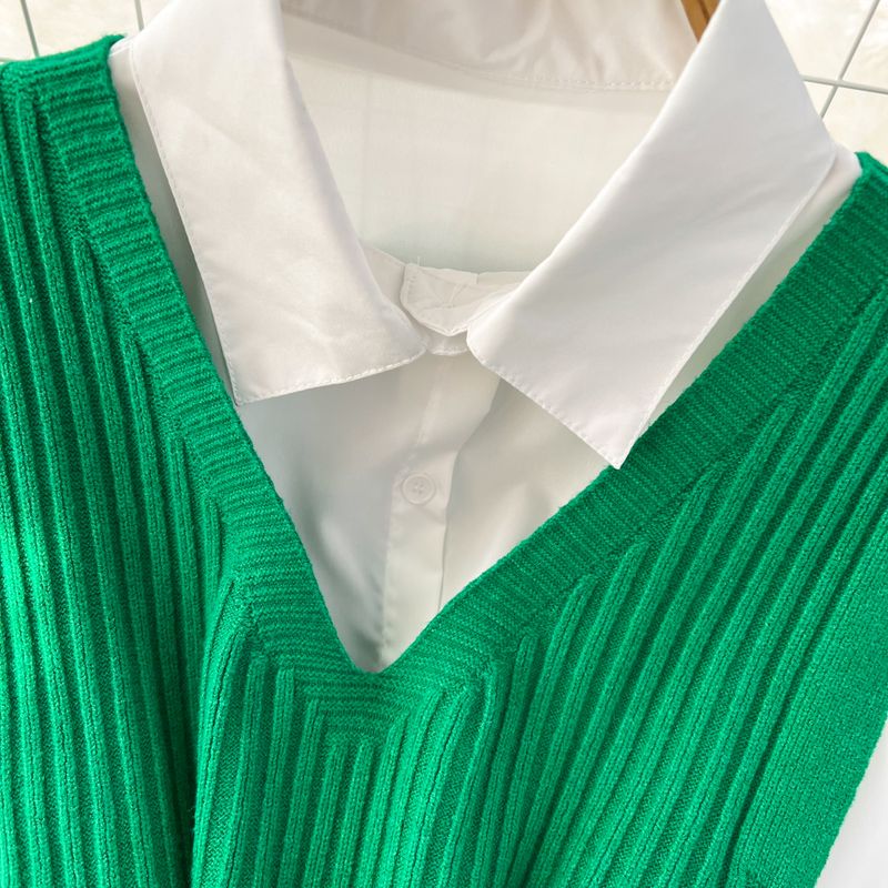 Damenbekleidung Neue lockere weiße Hemdoberteile für Damen im Herbst und Winter, geschlitzte Strickweste mit Design, modischer und altersreduzierender zweiteiliger Anzug_voghion.com