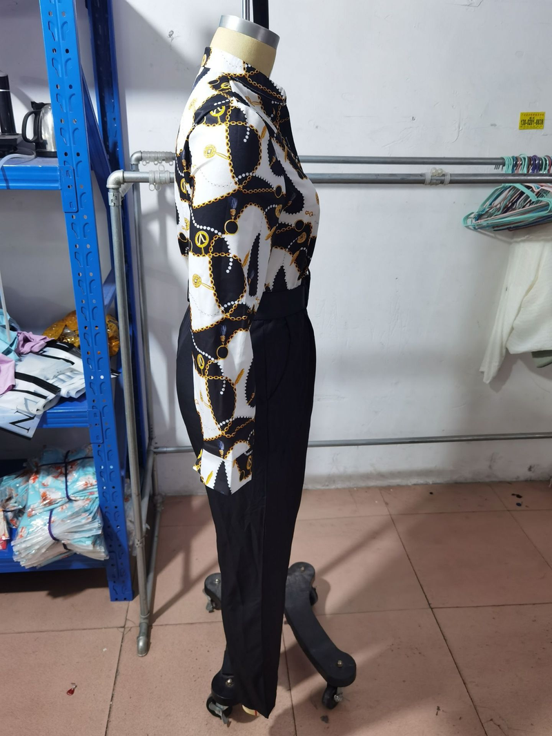 Damenmode-Modedruck-Langarmoberteil einfarbiges Hosenset mit Gürtel_voghion.com