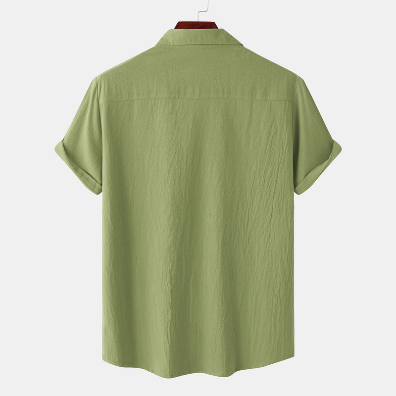 Camicia a maniche corte casual alla moda di grandi dimensioni in lino di cotone sciolto tinta unita estate 2023 dei nuovi uomini_voghion.com