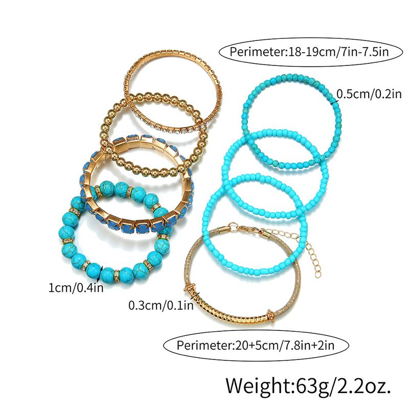 Bohemian Turquoise Round Bead Bracelet Set Retro Elastic Rhinestone Rice Bead Bracelet Hand Ornaments Hand String_voghion.com