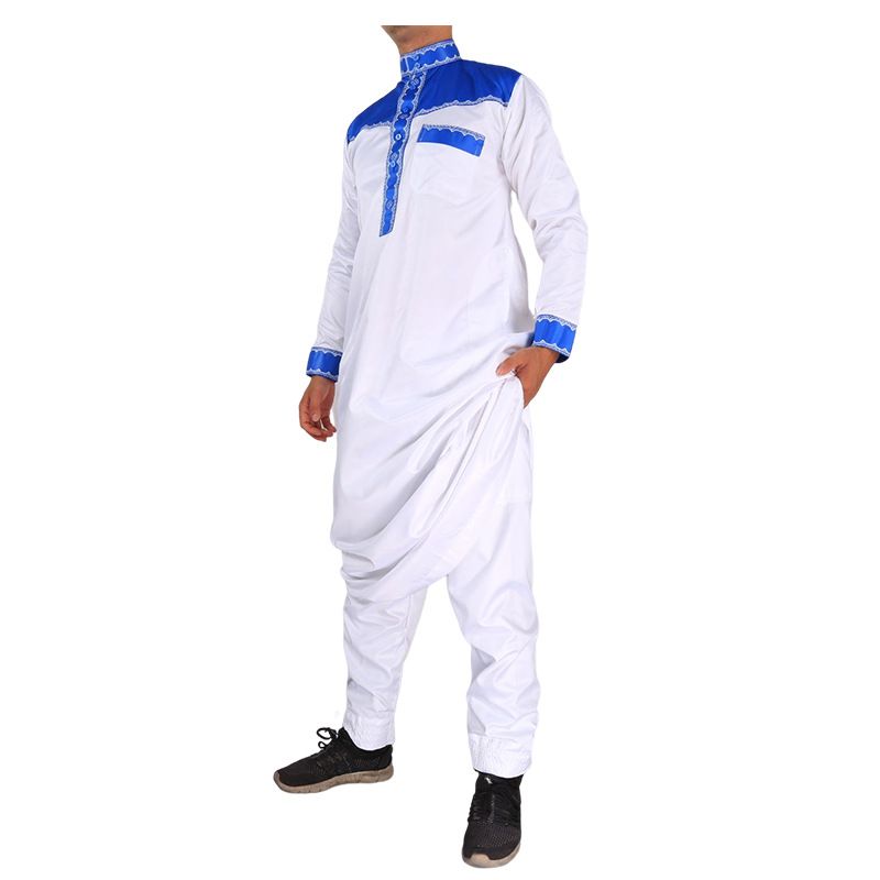 Herrenbekleidung Spleißen Stickerei Arabische Herrenrobe Zweiteiliges Set Stehkragen Langarm Hemdärmel Islamische Robe_voghion.com