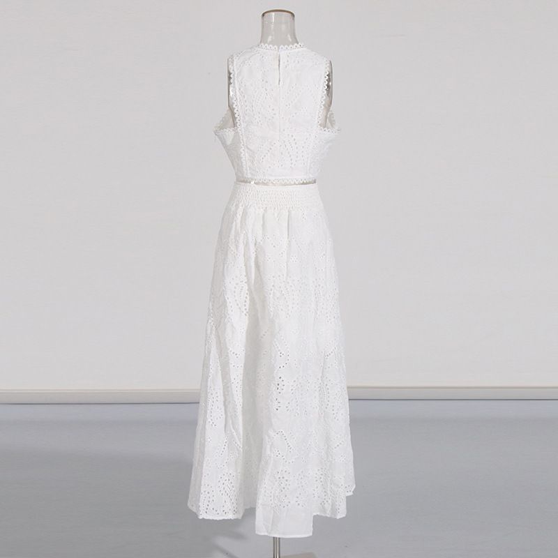 Vêtements pour femmes, col rond, gilet sans manches, taille haute, jupe brodée, costume deux pièces_voghion.com
