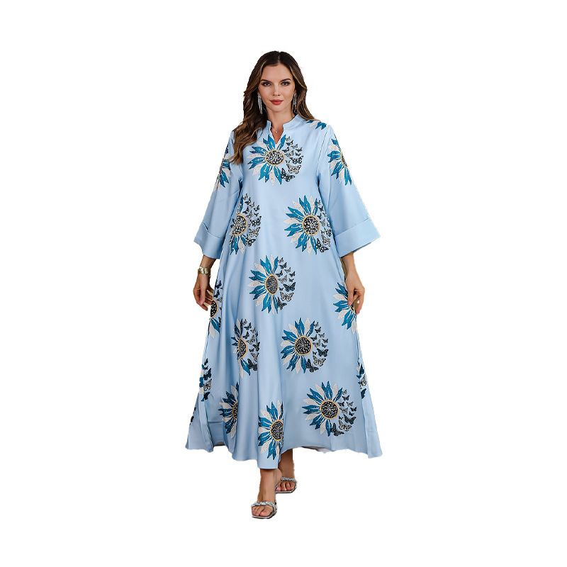 Muslim Fashion Printed Positioning Flower Hot Diamond Women's Dress Robe_voghion.com