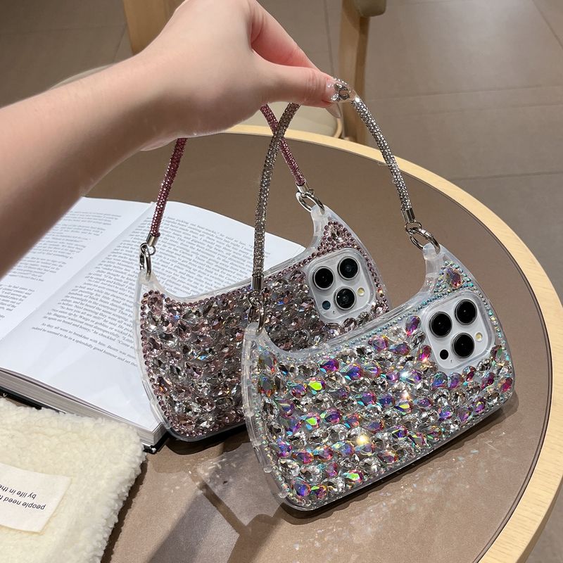 High-end Crystal Bag With Single Shell Same Style Flash Diamond Strap Phone Case For IPhone 16 Pro Max 15 Pro 14 13 12 11 Case_voghion.com