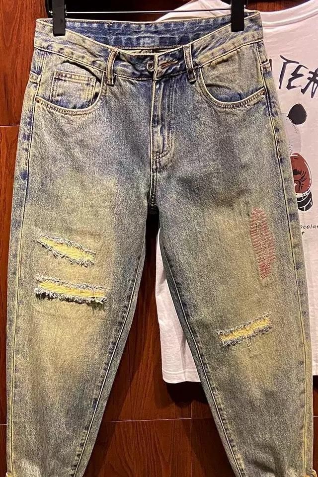 Herrenbekleidung Lässige Jeans Trendy Nostalgisches Retro-Design mit zerrissenen Patchnähten Lockere, konische Haremshose_voghion.com
