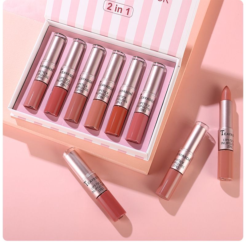 6-Piece Dual-Ended Non-Stick Matte Lip Color Set - Two-in-One Lip Gloss & Lipstick In Nude Mauve Shades, Ideal For Women_voghion.com