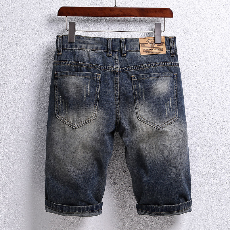 New Summer Distressed Patchwork Denim Shorts For Men, Straight-Leg Rolled Hem Five-Point Trendy Style_voghion.com