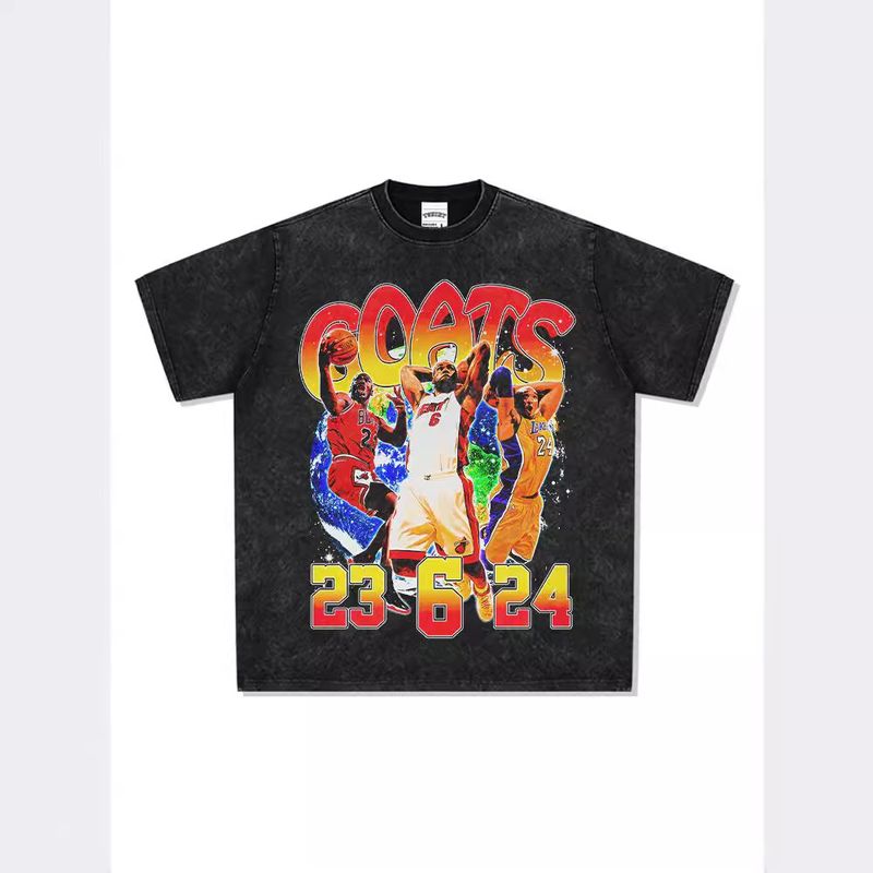Camiseta estampada Big Three James Kobe manga curta comprida gola redonda caimento solto ombros caídos_voghion.com
