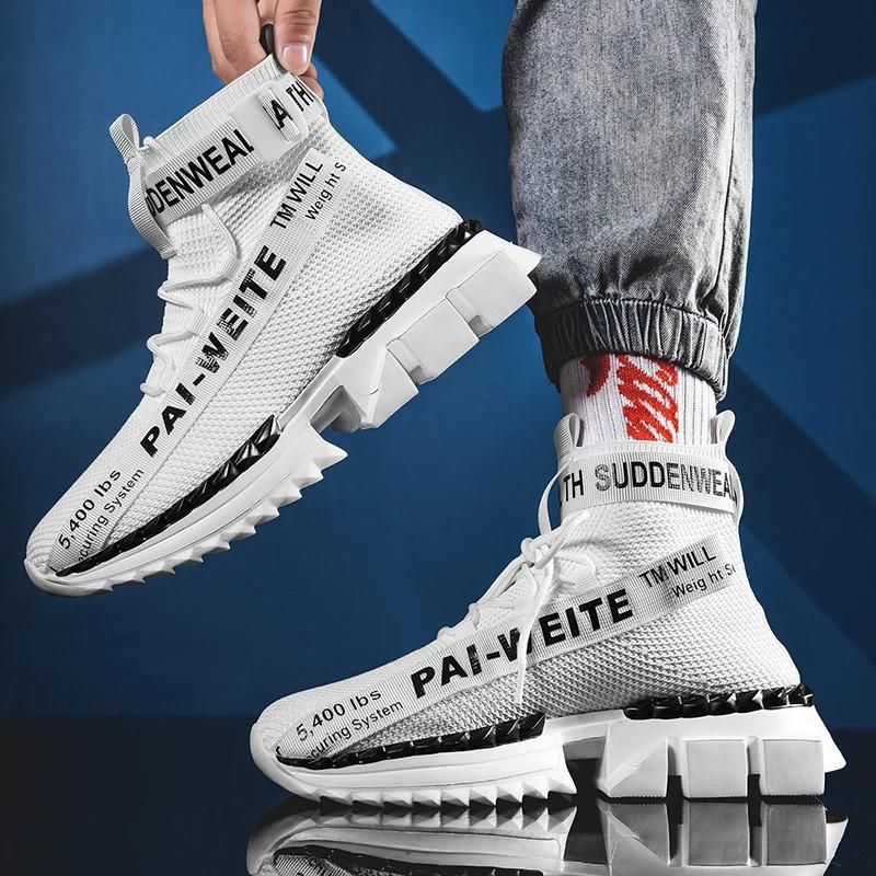 Sneakers da uomo casual alla moda, traspiranti, leggere, alte, con design a calzino, bianche, da uomo_voghion.com