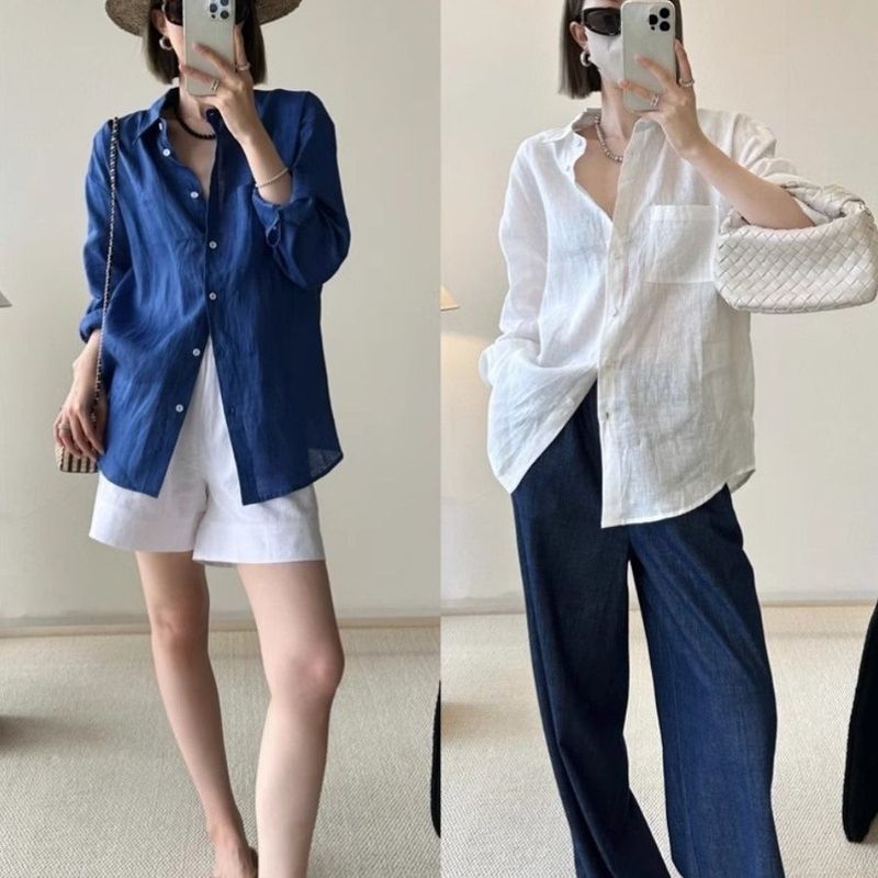 Chemise blanche à manches longues pour femme, chemise d'été fine et ample en coton et lin, style Old Money, protection solaire_voghion.com