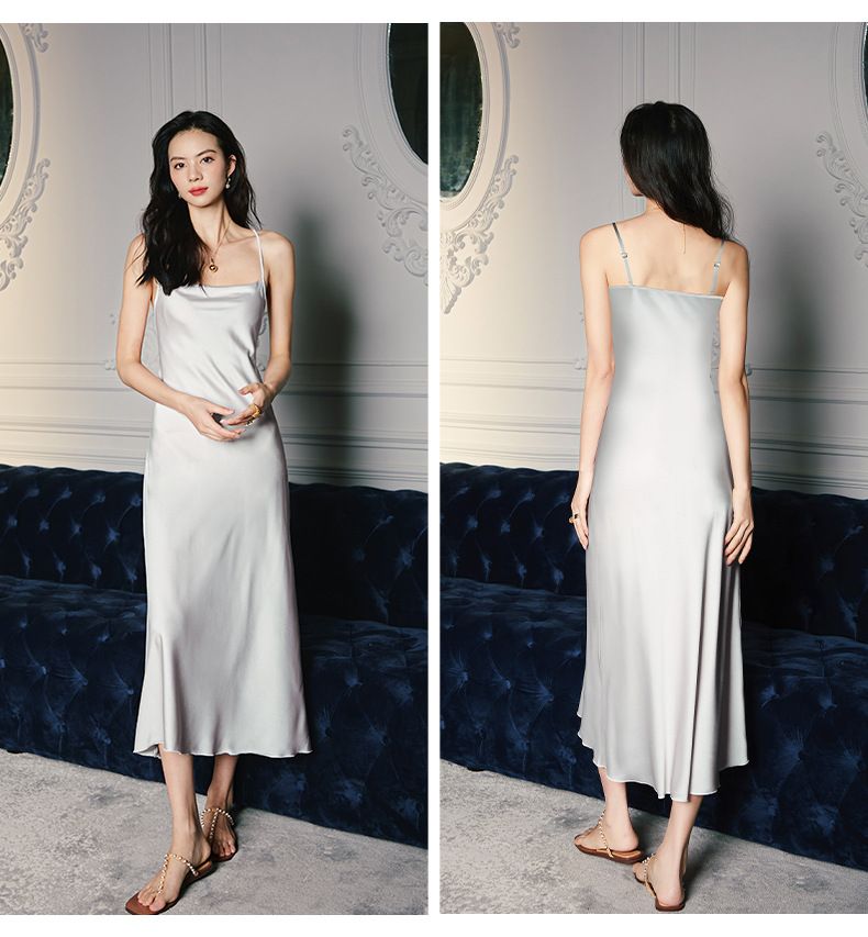 Elegante camicia da notte in raso e chiffon per donna - Abito sottoveste con spalline in seta e scollo drappeggiato, pigiama leggero per l'estate_voghion.com