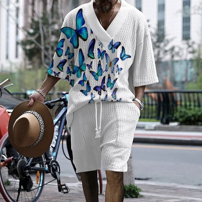 Herren Sommer Vielseitige V-Ausschnitt Dreiviertelärmel Shorts High-End Atmungsaktiv Casual 2024 Neues Set_voghion.com