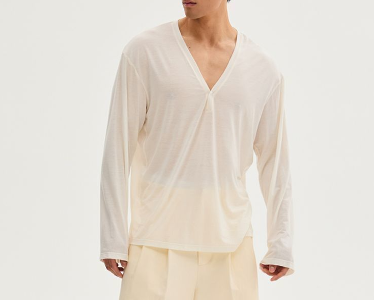 Primavera Verão Novo Deep V Stretchable Top Camisa da Moda Manga Longa Cardigan Unissex_voghion.com