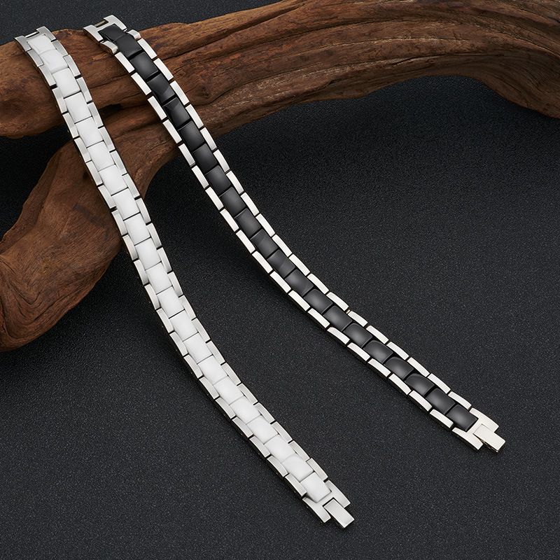 Jewelry Black And White Ceramic With Stainless Steel Curved Ochre Bracelet Men's Health Magnetic Jewelry_voghion.com