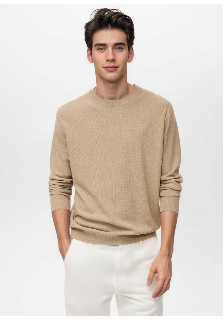 Pull en maille automne/hiver pour homme - Pull col rond extensible et respirant (beige/crème/marron/noir)_voghion.com