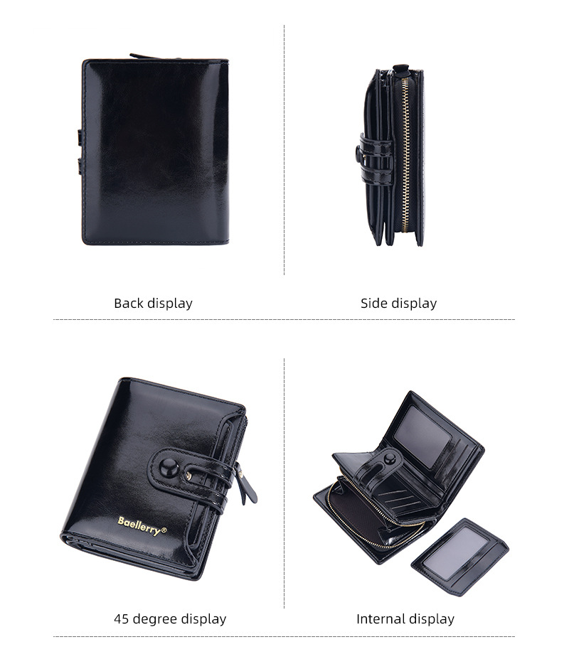 Portafoglio da donna corto Baellerry in pelle cerata lucida doppia fibbia portamonete con cerniera portacarte femminile_voghion.com