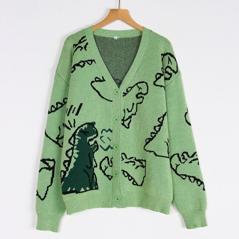 Abbigliamento da donna maglione a maniche lunghe cappotto cardigan sciolto dinosauro cartone animato_voghion.com