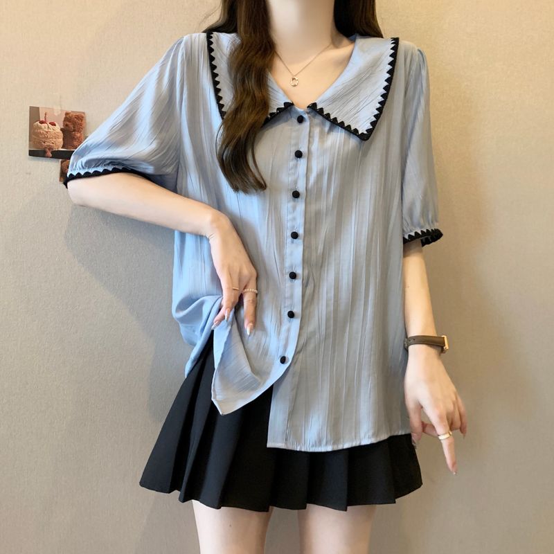 Camicetta blu con spalle scoperte per donna, taglie forti estive, modellante, snellente, stile francese, colletto a bambola, manica corta,_voghion.com