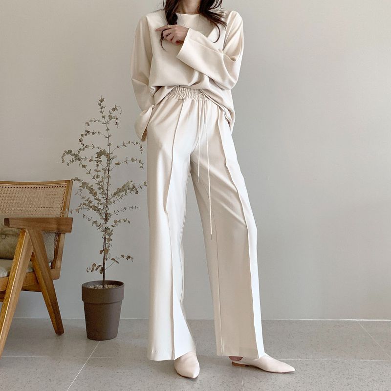 Damenbekleidung Frühfrühling Lazy Loose Sweater Hohe Taille Cover Meat Lässiger Hosenanzug mit weitem Bein für Damen_voghion.com