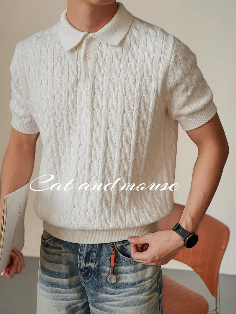 Herrenbekleidung Hemd Revers Kurzarm Strickpullover Twist Business Slim Ice Silk Tide T-Shirt_voghion.com