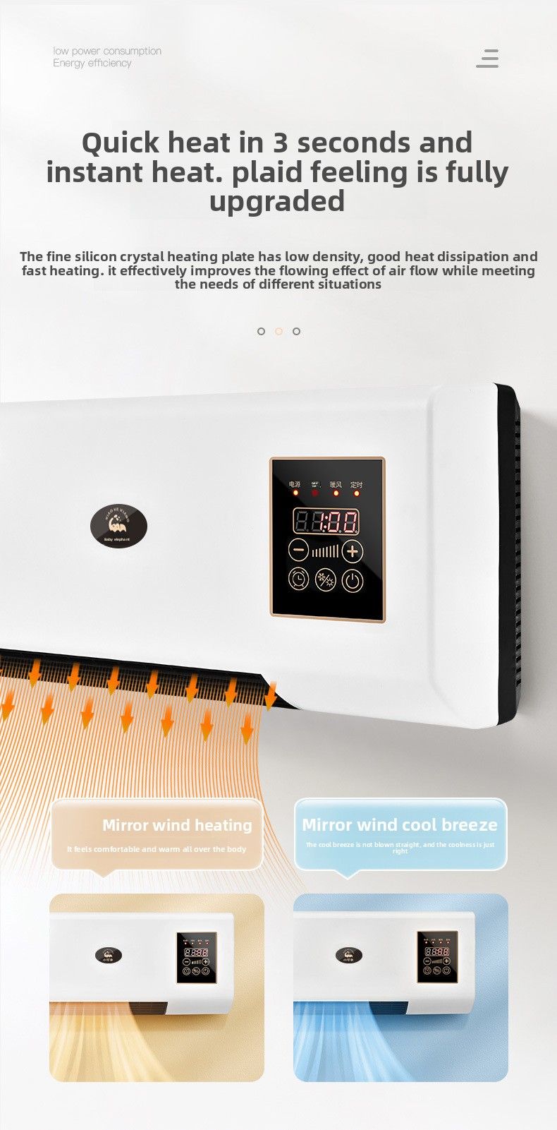 2'si 1 Arada Mobil Klima Vantilatörü Banyo Ev Yatak Odası Duvara Monte Elektrikli Isıtıcı Isıtıcı_voghion.com
