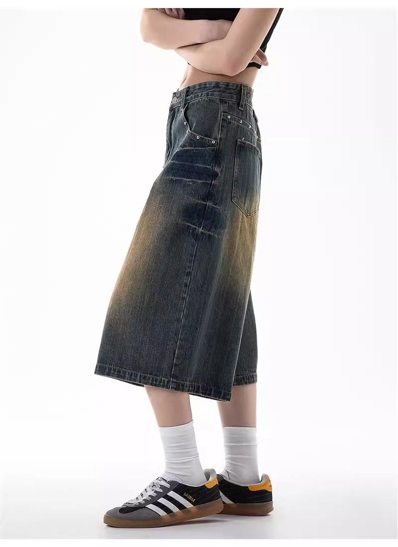 Pantaloncini in denim con rivetti lavati in stile americano per uomo e donna, pantaloni capri larghi casual alla moda estivi_voghion.com