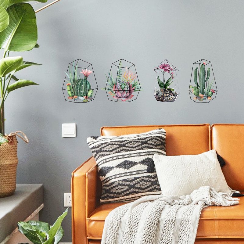 4pcs green plant cactus self-adhesive PVC CH81394 cage flower living wall sticker_voghion.com