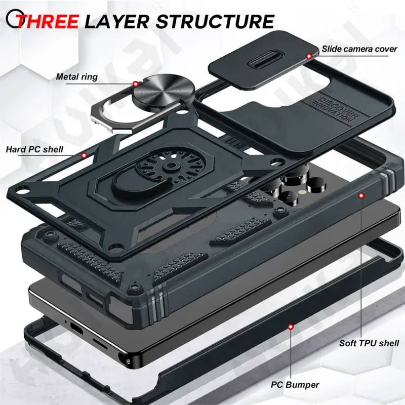 Hülle fir Samsung Galaxy S25 S24 S23 S22 Ultra Plus A55 A56 A36 FE 4G 5G Slider Kamera Schutz 360 Vollschutz Klammer Cover_voghion.com