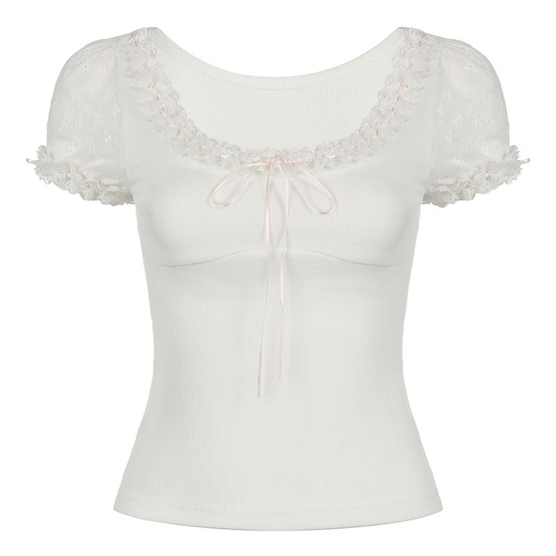 Französischer Spitzenkragen mit kontrastfarbener Fliege, figurbetontes, schmales Stricktop für Mädchen, vielseitiges Puffärmel-Top_voghion.com