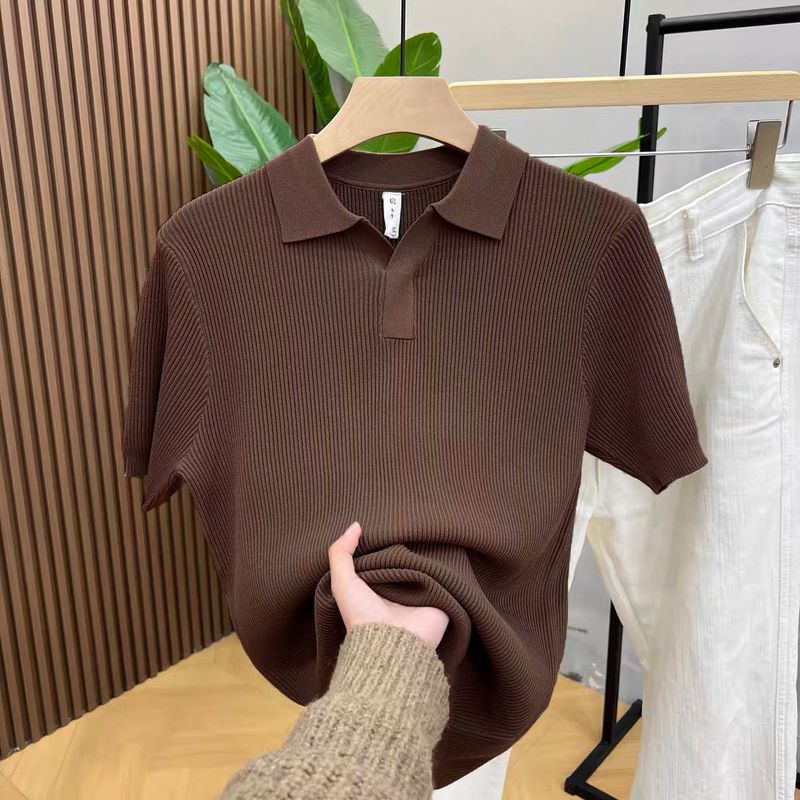 Maglione lavorato a maglia a maniche corte con scollo a V da uomo, colletto a gabbiano, stile business casual britannico, estivo, in seta ghiacciata_voghion.com