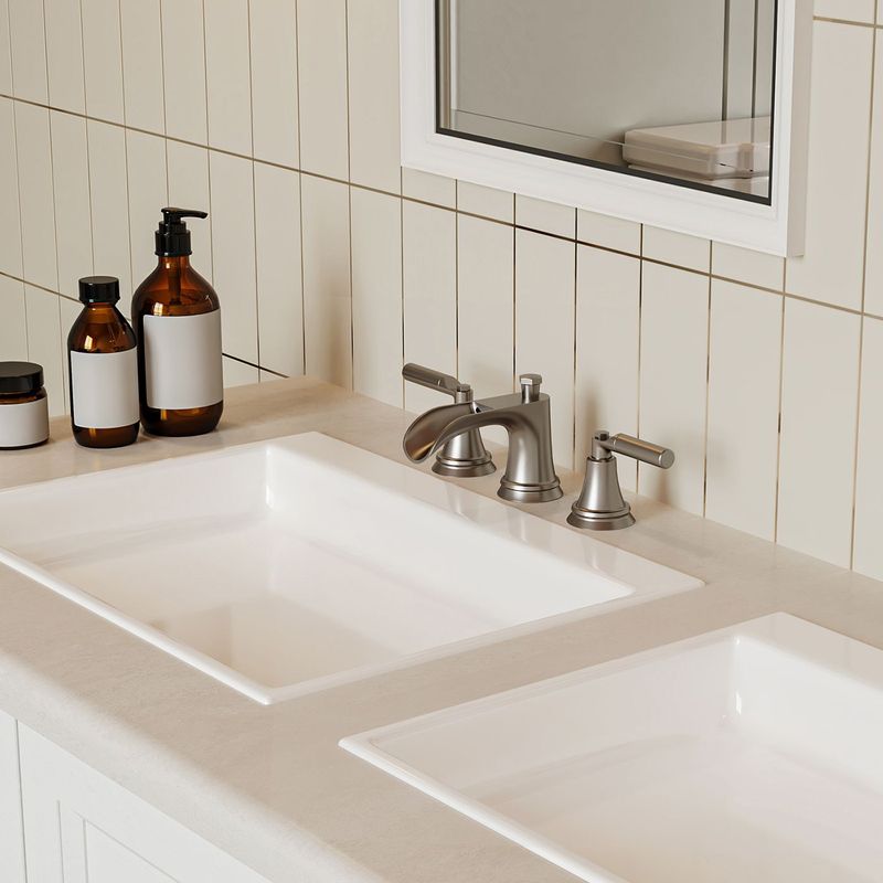 8 In. Widespread Double Handle 3 Hole Waterfall Bathroom Faucet Water-Saving With Metal Drain In Brushed Nickel_voghion.com