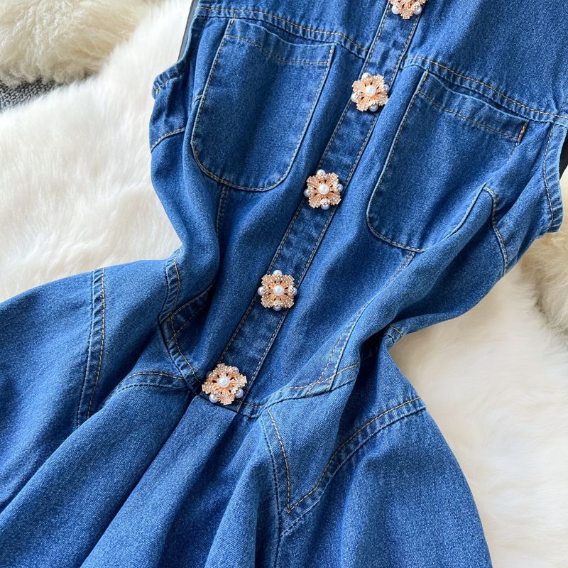 Dameskleding Mouwloos vest Denim rok Taille afslankend Zwaar kralen enkelrijs geplooide jurk_voghion.com