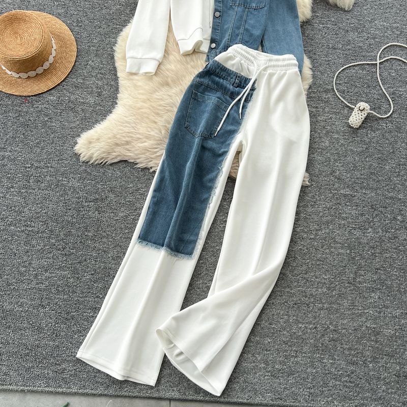Casual Suit For Women Fashionable Design Splicing Hooded Sweatshirt High Waist Denim Splicing Wide Leg Pants Two Piece Set_voghion.com