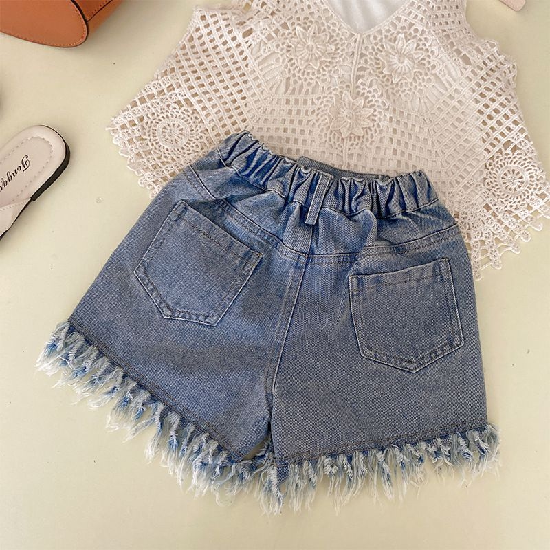 Roupas infantis Meninas ternos verão 2024 novas roupas infantis crianças oco malha cardigan colete mais shorts jeans três peças terno_voghion.com