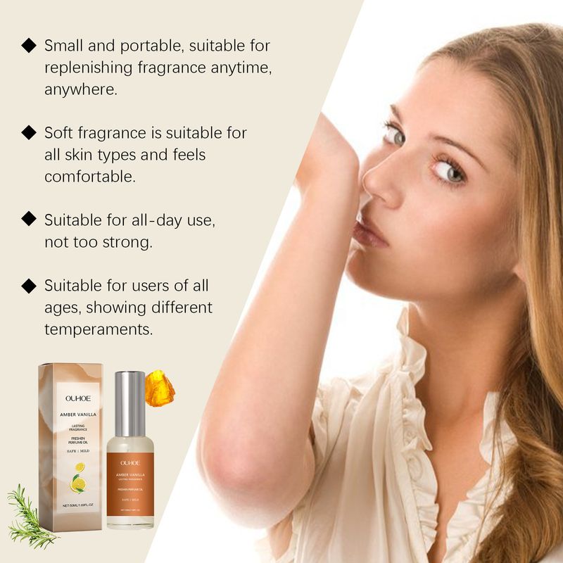 Perfume con textura de aceite esencial de vainilla, suave, fresco, ámbar claro y duradero._voghion.com