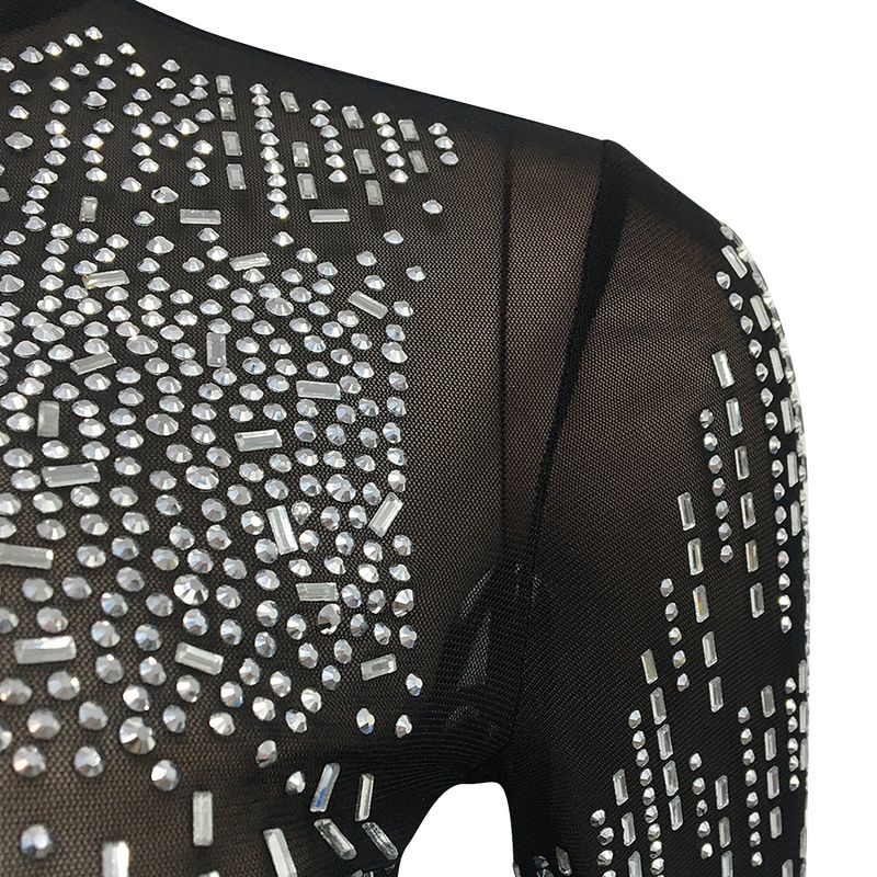 Vêtements pour femmes sexy discothèque chaude maille diamant transparente à manches longues fente longue jupe ensemble deux pièces_voghion.com
